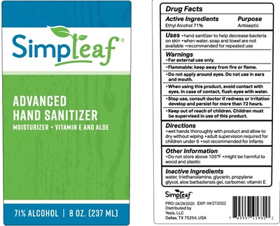 simpleaf advanced hand sanitizer 237 ml 71.jpg image of label - simpleaf advanced hand sanitizer 237 ml 71